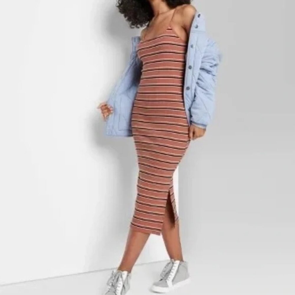 Wild Fable Striped Midi Bodycon Dress Womens Size Medium Scoop Neck Casual Party